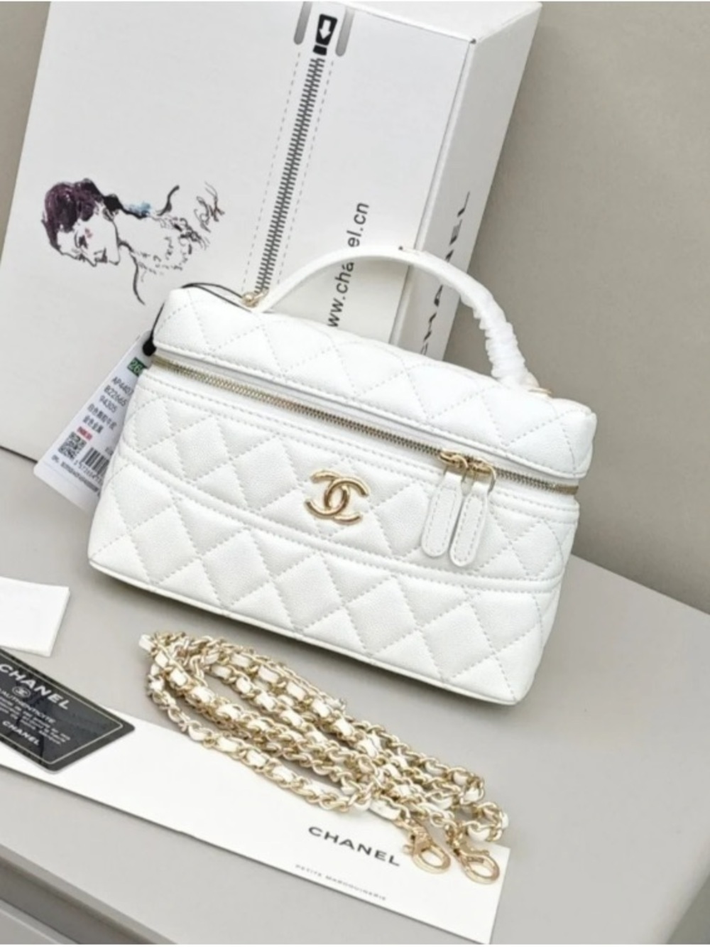 Chanel White Quilted Mini Vanity Bag with Gold Chain
